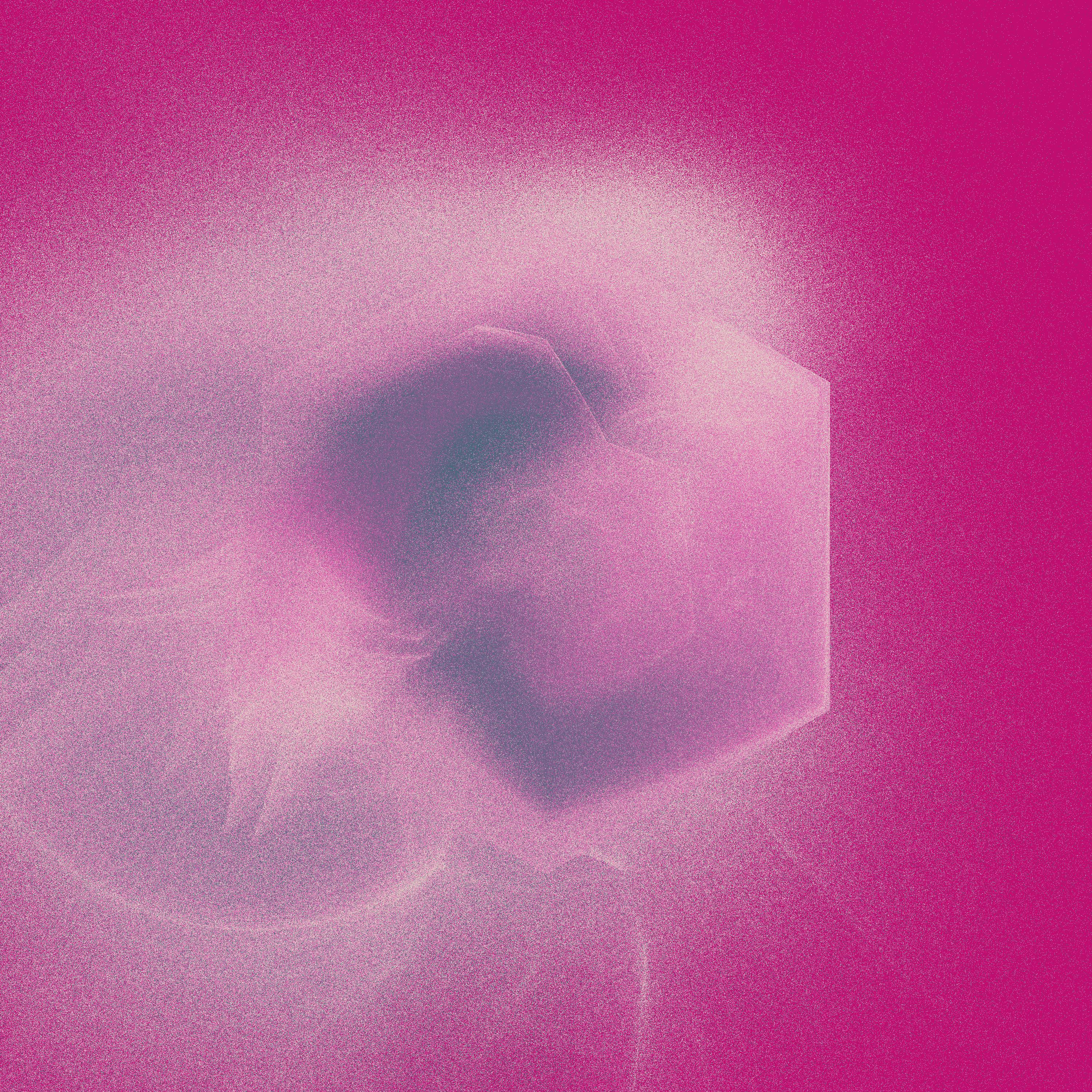 swirling grainy textures in a roughly hexagonal shape, rendered in pink, purple and white, against a  purple background, with noisy speckling escaping the hexagonal region on the left hand side.