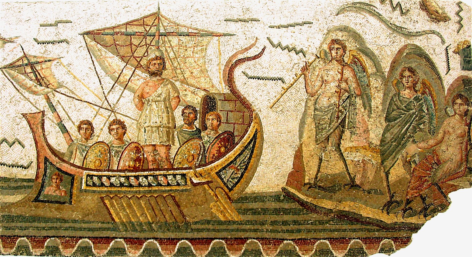 Mosaic depicting the temptation of Odysseus by the Sirens.